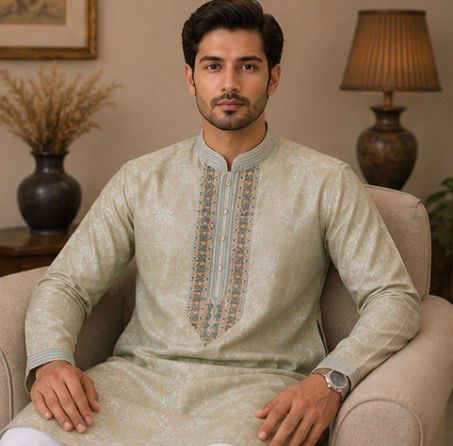 Men’s Beige Floral Panjabi / Kurta
