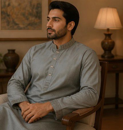 Men’s Slate Grey Patterned Panjabi / Kurta