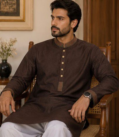 Men’s Dark Brown Embroidered Panjabi / Kurta