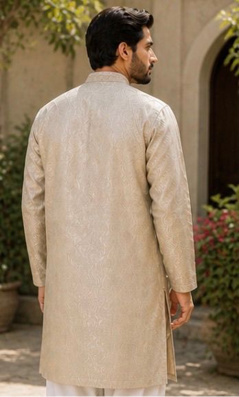 Men’s Ivory Beige Embroidered Panjabi / Kurta